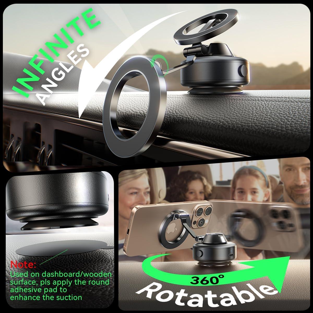 Electric Magnetic Car Phone Holder, 360 Rotation Vacuum Suction Cellphone Mount Foldable Car Mount Stand for iPhone12-16,Mirror/Glass/Screen/Smooth Surface (Not Charge Phone)